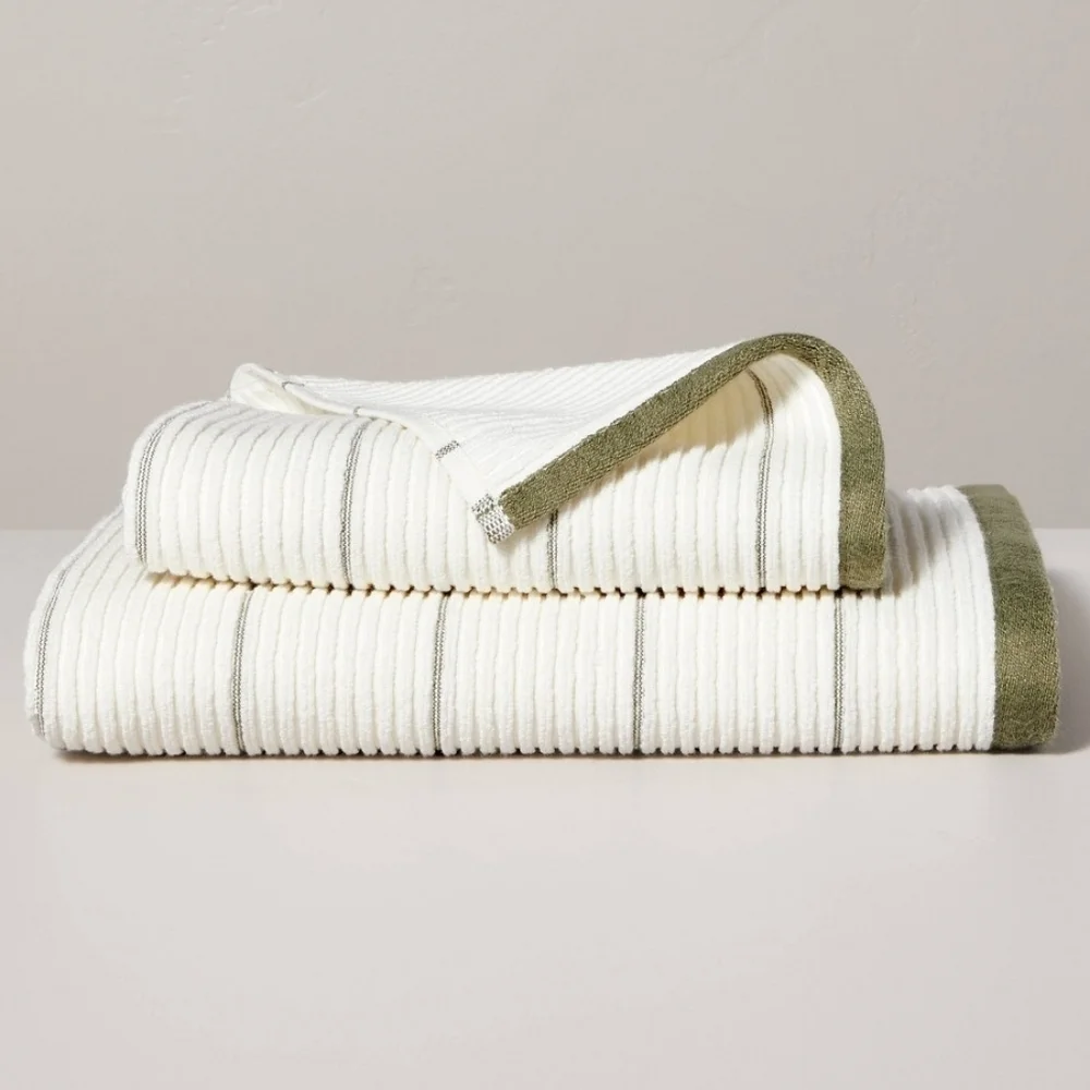 Hearth & Hand with Magnolia Ribbed Terry Hand Towel cream and green NWT